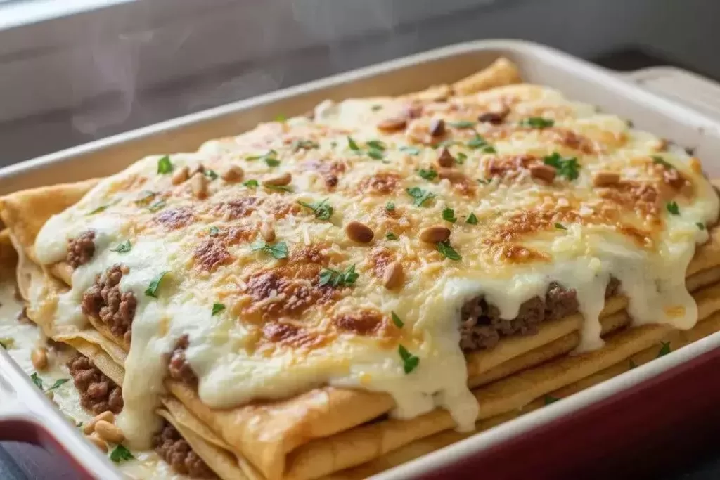 Meat crepes with white sauce - Creamy and Gratinated Meat Crepes with White Sauce